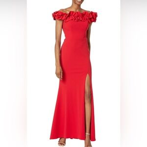 Xscape Red Off-Shoulder Ruffle Maxi Dress with Thigh Slit NWT